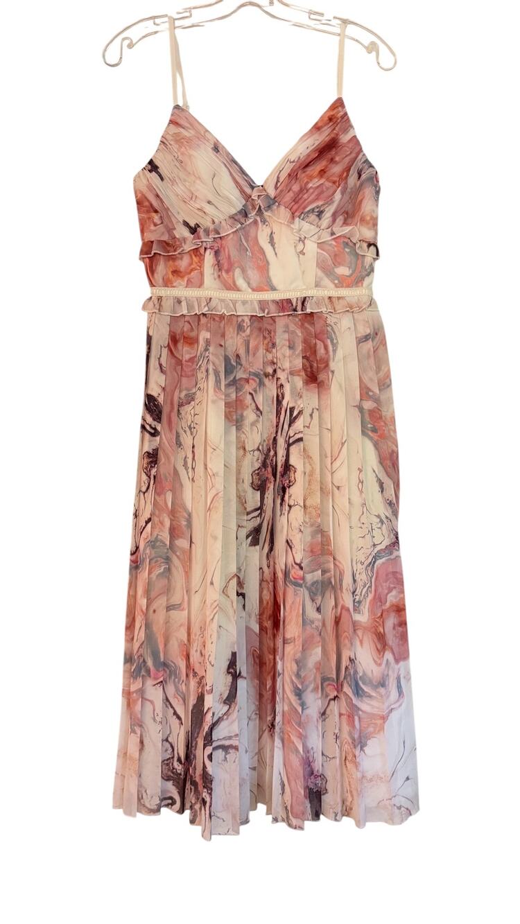 Little Mistress Abstract Marble Print Pleated Midi Dress Spaghetti Strap Size 4